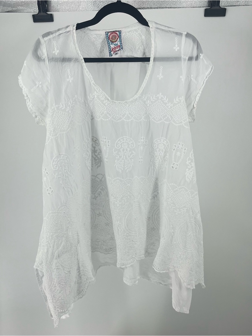 Johnny Was White Sheer Embroidered Scoop Tunic